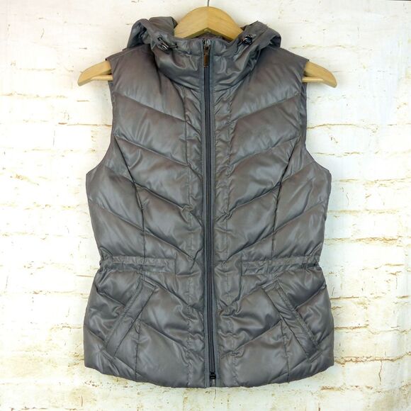 VTG Y2K Esprit Puffer Vest Womens 4US Metallic Coated Gray Hooded Down Feather - Picture 3 of 15